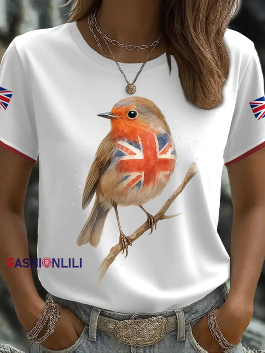 Women’s UK Flag Art Robin Watercolor Printed T-shirt White / S