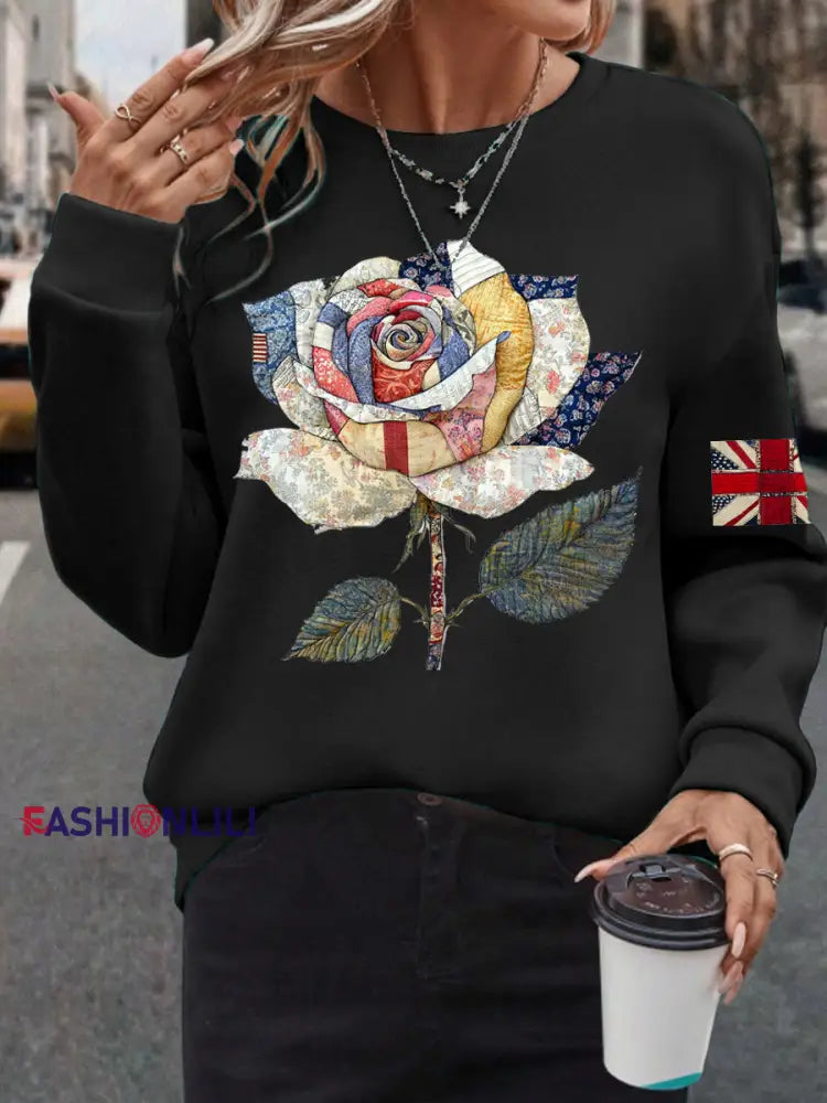 Women’s UK Flag Art Rose Printed Sweatshirt Black / S