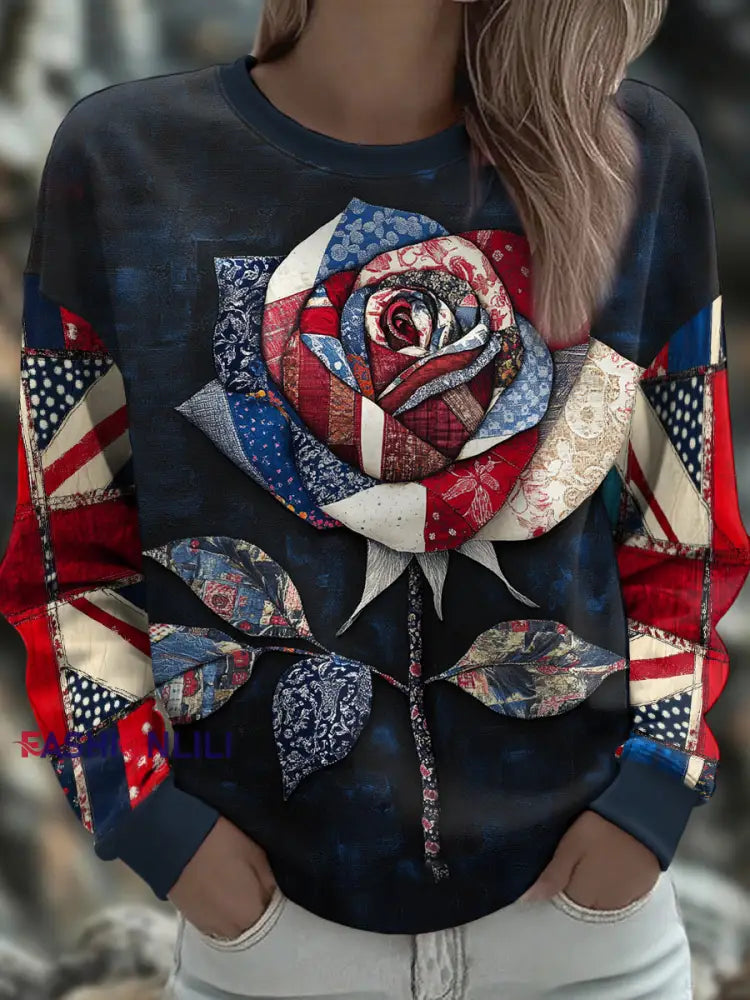 Women’s UK Flag Art Rose Printed Sweatshirt Navy Blue / S