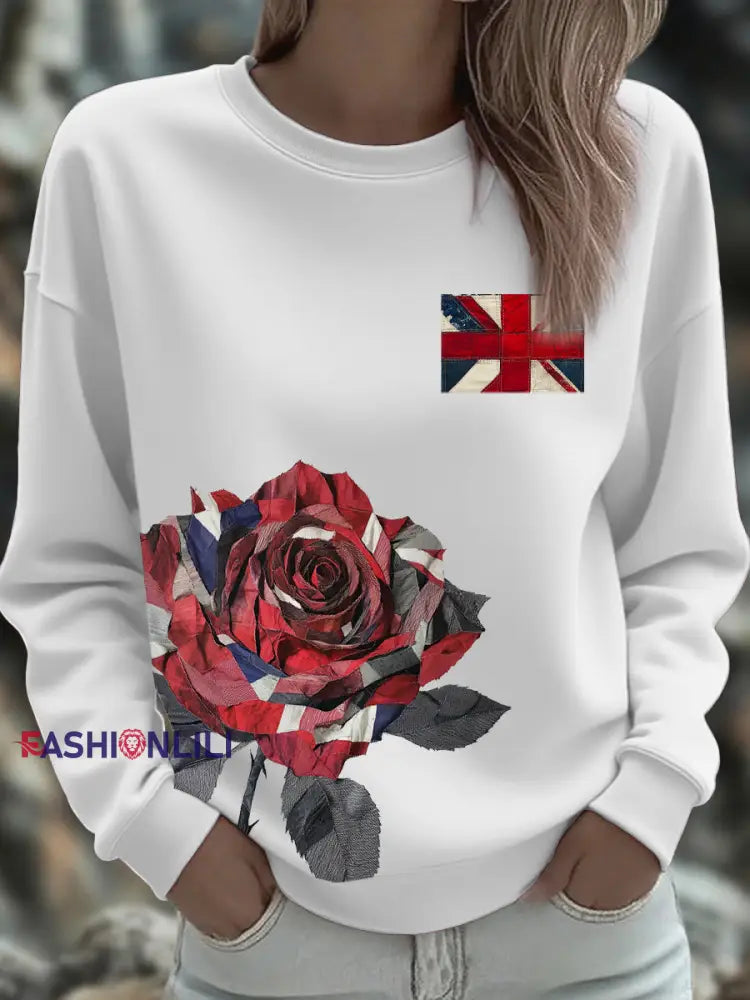Women’s UK Flag Art Rose Printed Sweatshirt White / S