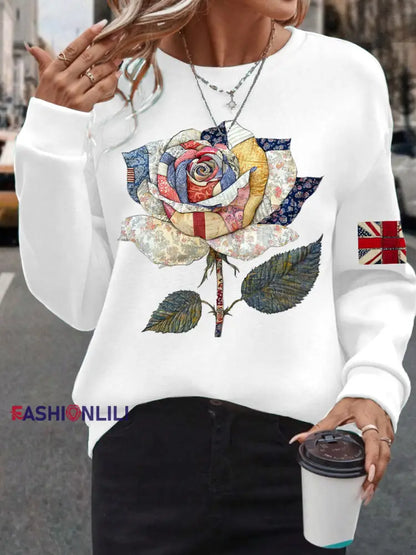 Women’s UK Flag Art Rose Printed Sweatshirt White / S