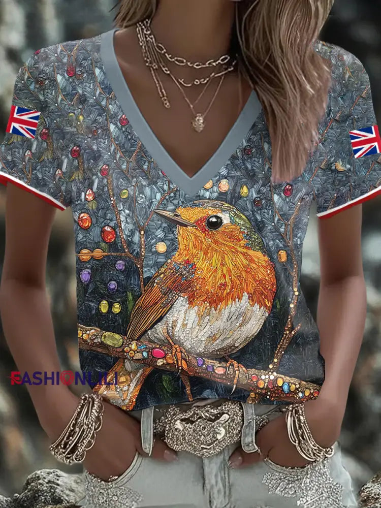 Women’s UK Flag Art Rose Printed T shirt As picture / S