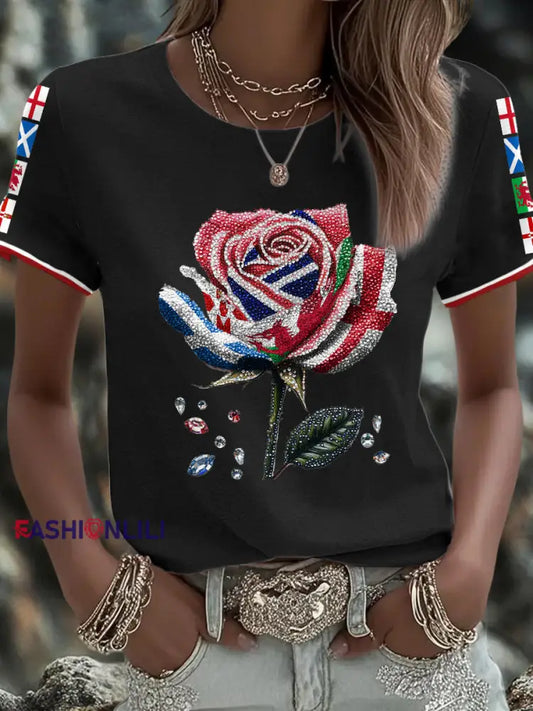Women’s UK Flag Art Rose Printed T shirt Black / S