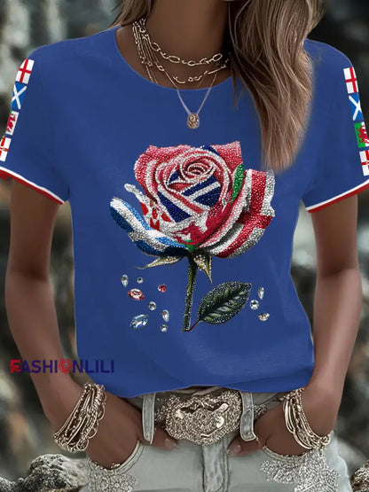 Women’s UK Flag Art Rose Printed T shirt Blue / S
