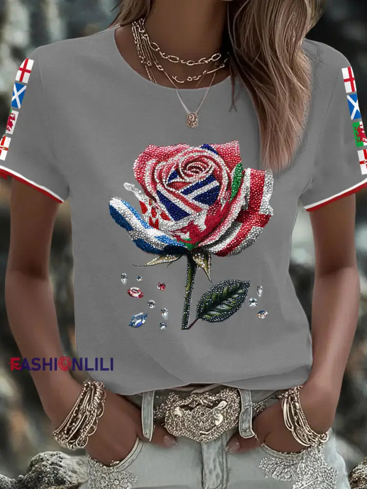 Women’s UK Flag Art Rose Printed T shirt Light Gray / S