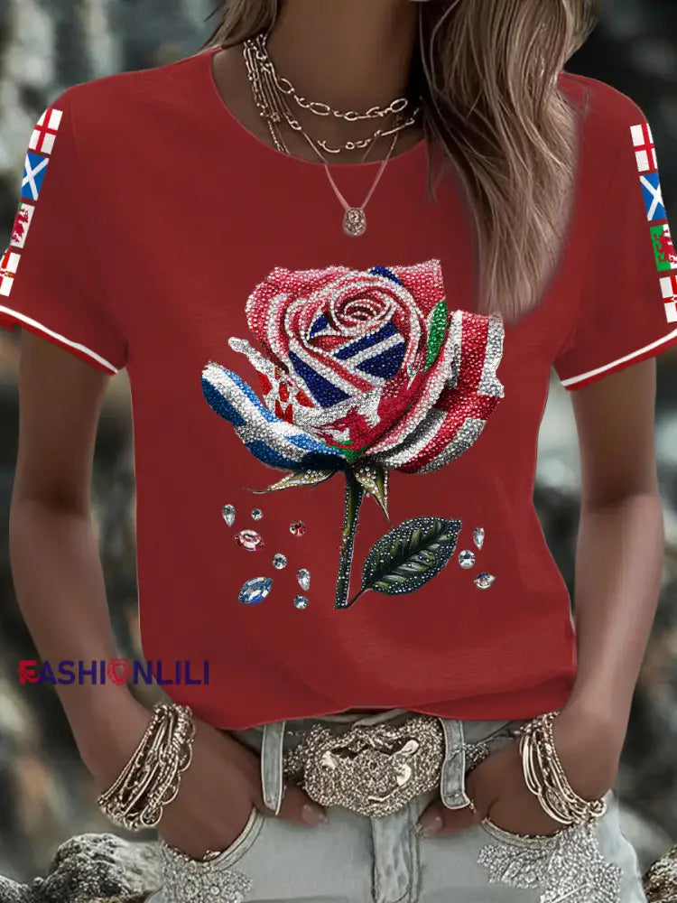 Women’s UK Flag Art Rose Printed T shirt Red / S