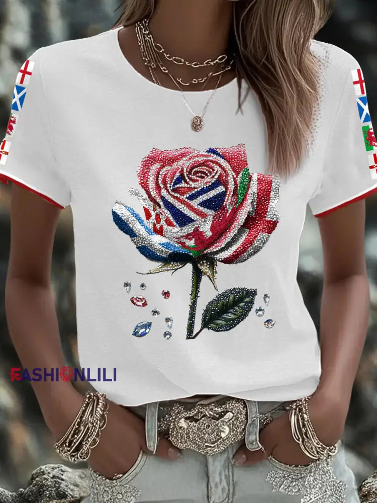 Women’s UK Flag Art Rose Printed T shirt White / S