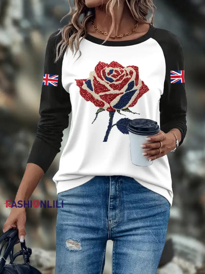 Women’s UK Flag Art Rose Printed Tops Black / S