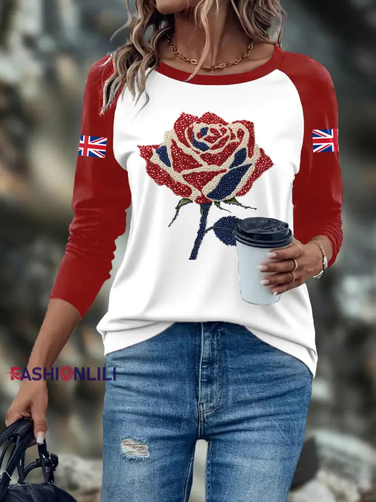 Women’s UK Flag Art Rose Printed Tops Red / S