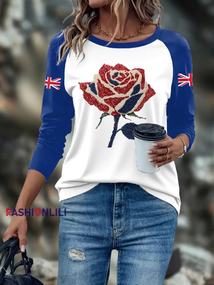 Women’s UK Flag Art Rose Printed Tops Royal Blue / S