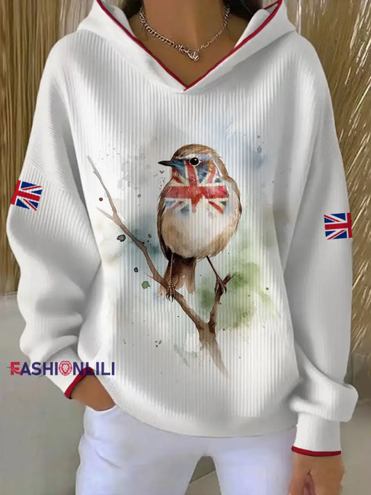 Women’s UK Flag Art Watercolor Robin Printed Sweatshirt White / S