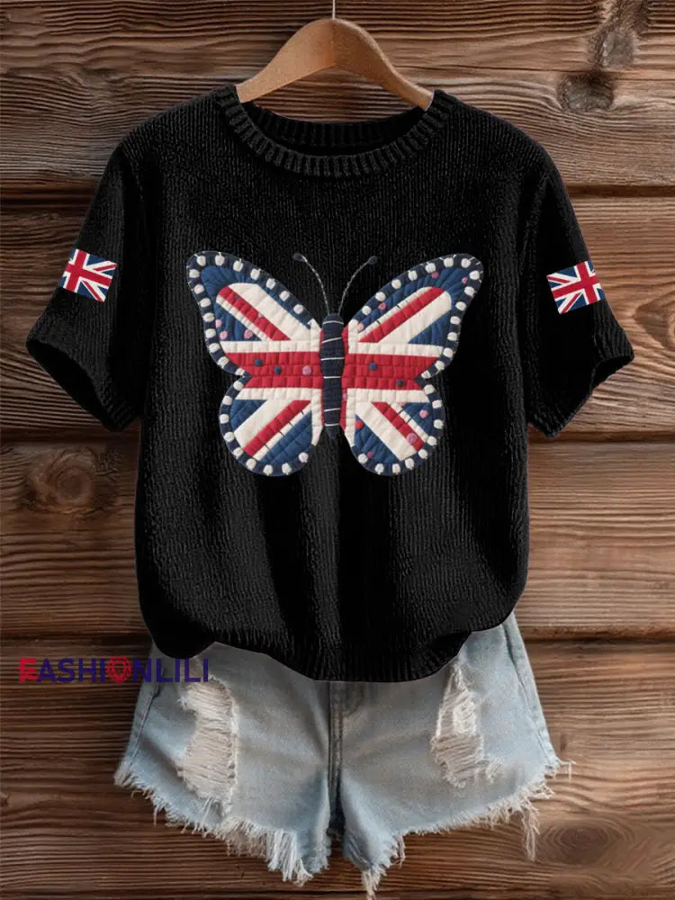 Women’s UK Flag Butterfly Cozy Knit Sweater Black / S