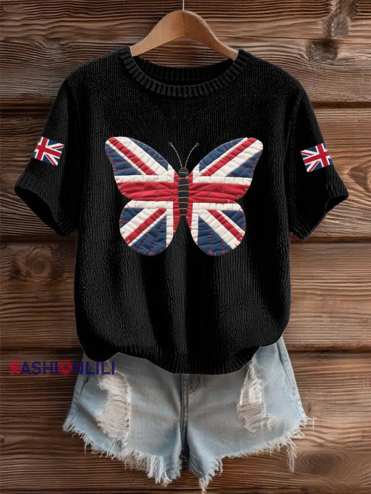 Women’s UK Flag Butterfly Cozy Knit Sweater Black / S