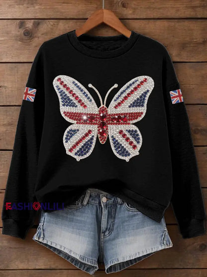 Women’s UK Flag Butterfly Print Sweatshirt Black / S