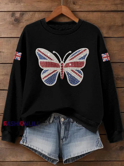 Women’s UK Flag Butterfly Print Sweatshirt Black / S
