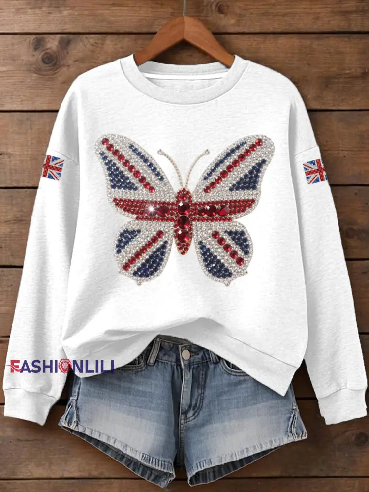 Women’s UK Flag Butterfly Print Sweatshirt White / S