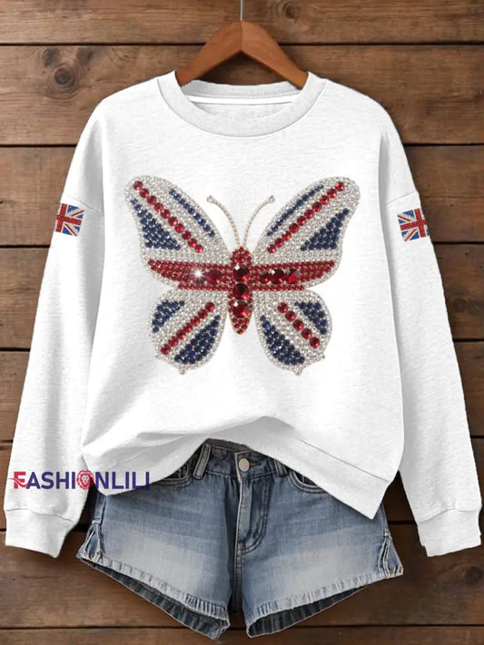 Women’s UK Flag Butterfly Print Sweatshirt White / S