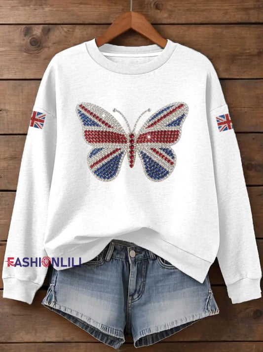 Women’s UK Flag Butterfly Print Sweatshirt White / S