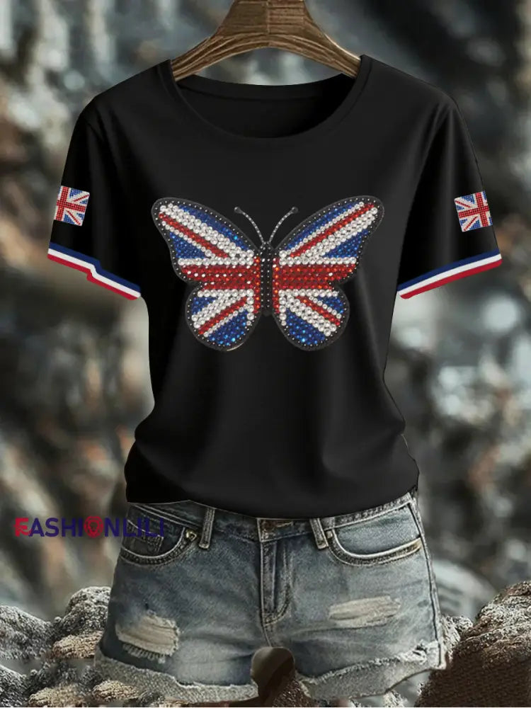Women’s UK Flag Butterfly Printed T shirt Black / S