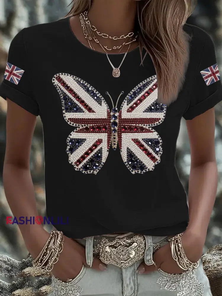 Women’s UK Flag Butterfly Printed T shirt Black / S