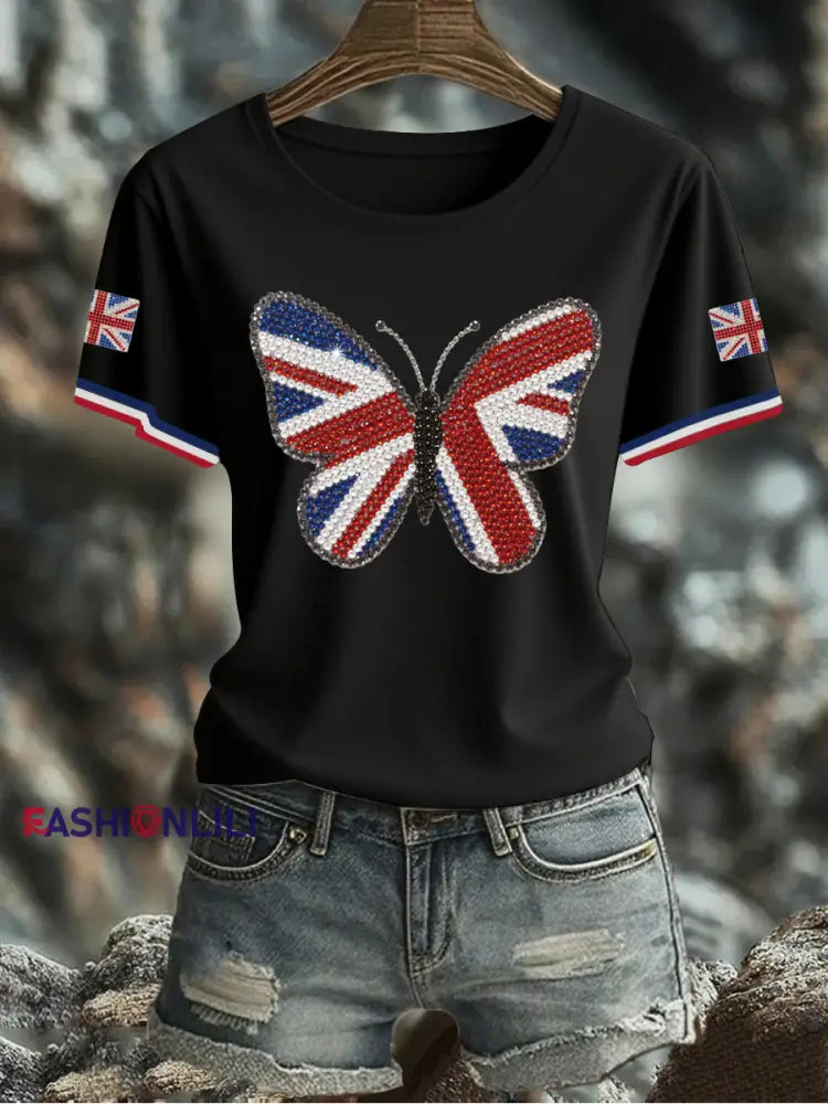 Women’s UK Flag Butterfly Printed T shirt Black / S