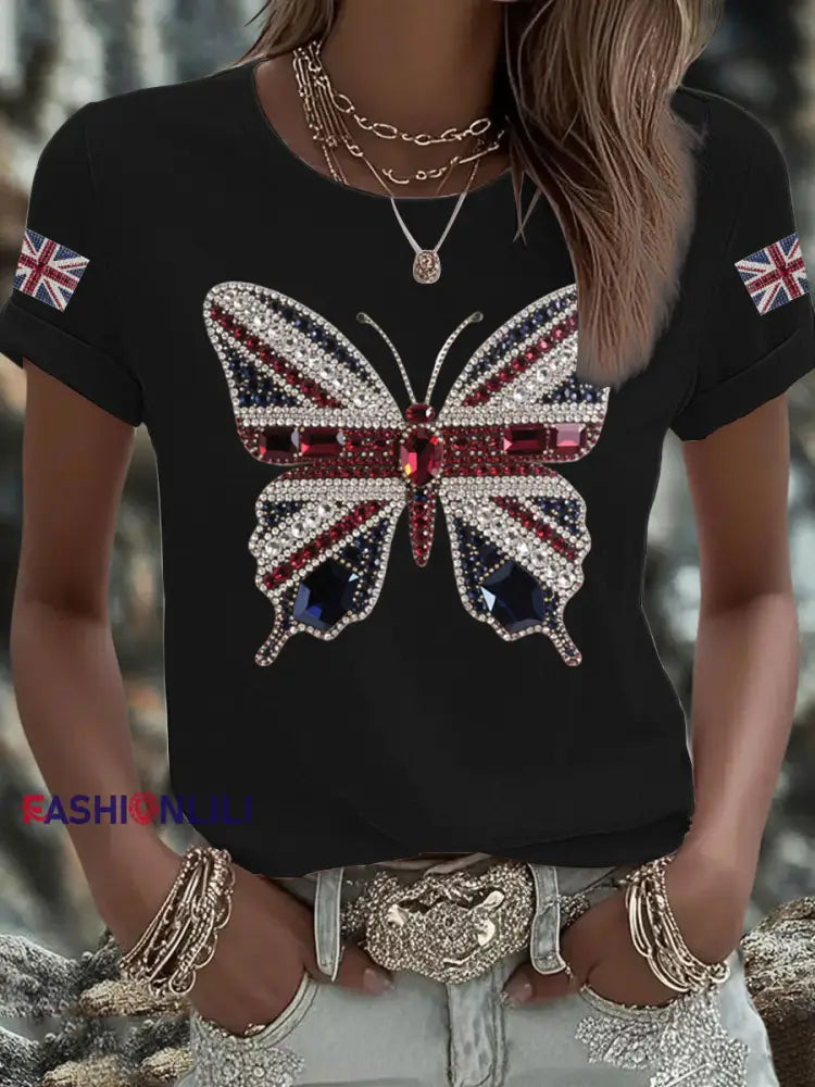 Women’s UK Flag Butterfly Printed T shirt Black / S
