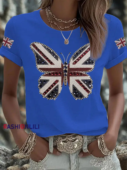 Women’s UK Flag Butterfly Printed T shirt Blue / S