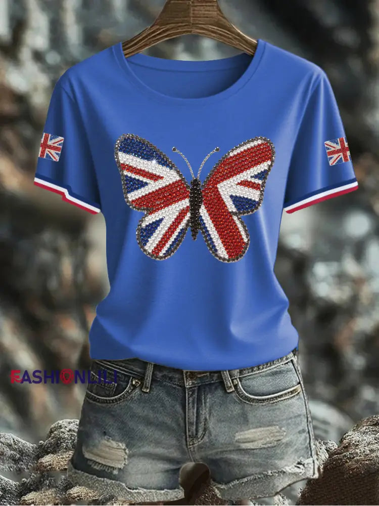 Women’s UK Flag Butterfly Printed T shirt Blue / S