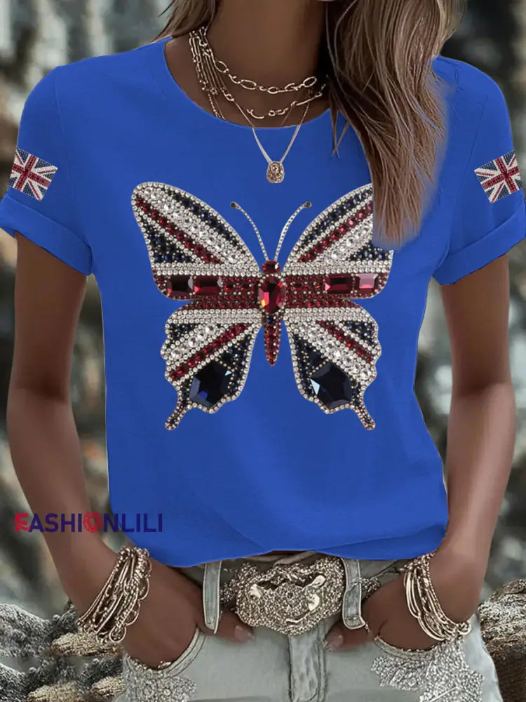 Women’s UK Flag Butterfly Printed T shirt Blue / S