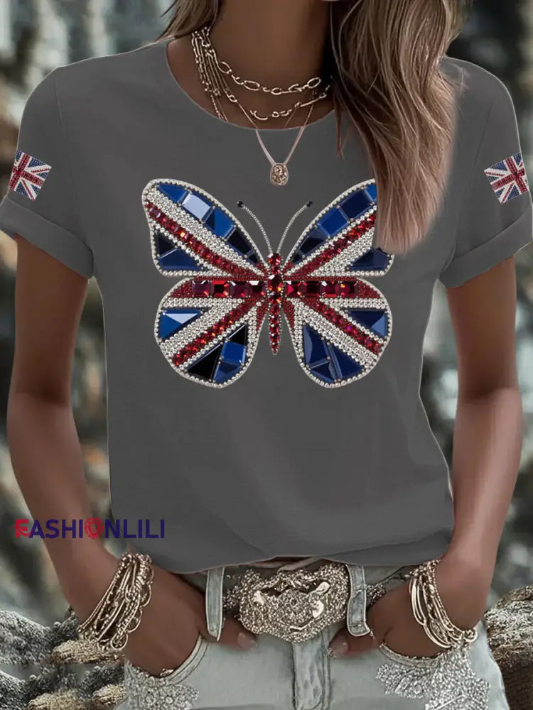 Women’s UK Flag Butterfly Printed T shirt Dark Gray / S