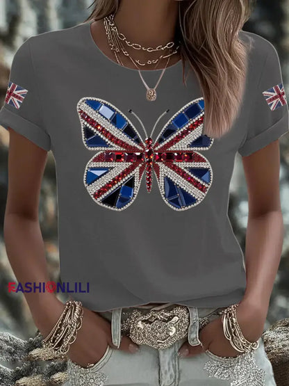Women’s UK Flag Butterfly Printed T shirt Dark Gray / S