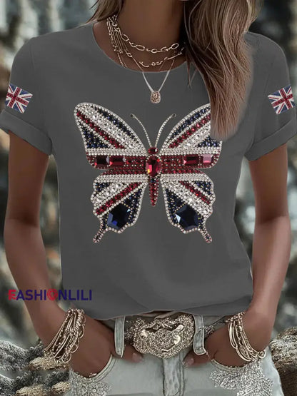 Women’s UK Flag Butterfly Printed T shirt Dark Gray / S