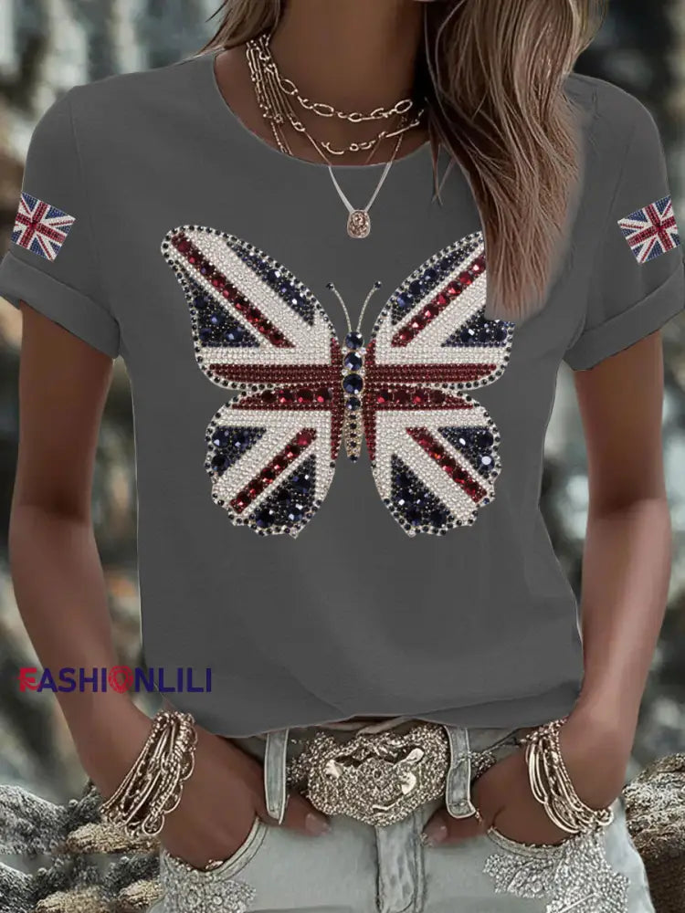 Women’s UK Flag Butterfly Printed T shirt Dark Gray / S