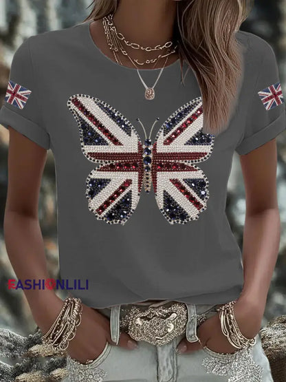 Women’s UK Flag Butterfly Printed T shirt Dark Gray / S