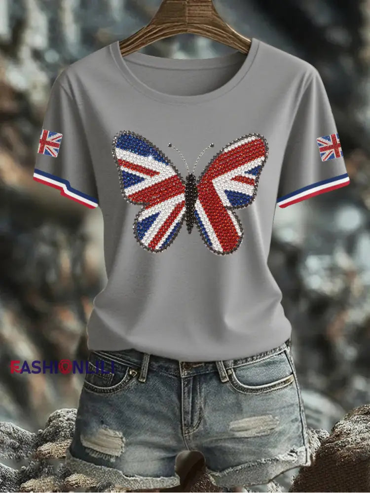 Women’s UK Flag Butterfly Printed T shirt Gray / S