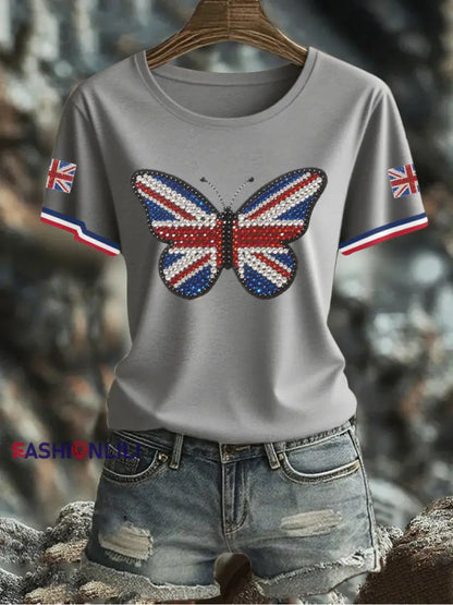 Women’s UK Flag Butterfly Printed T shirt Gray / S