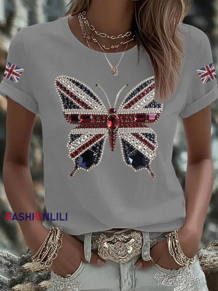Women’s UK Flag Butterfly Printed T shirt Light Gray / S