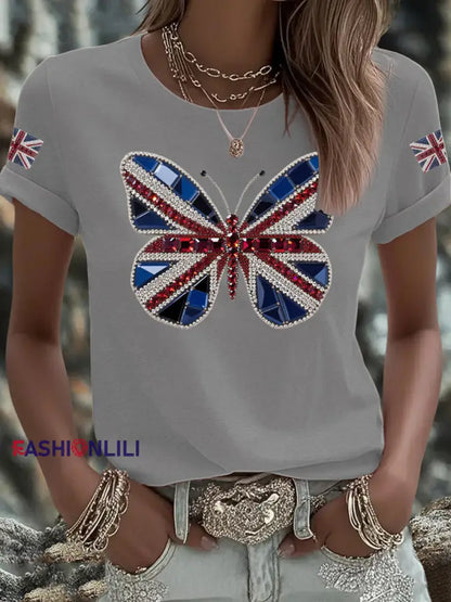 Women’s UK Flag Butterfly Printed T shirt Light Gray / S