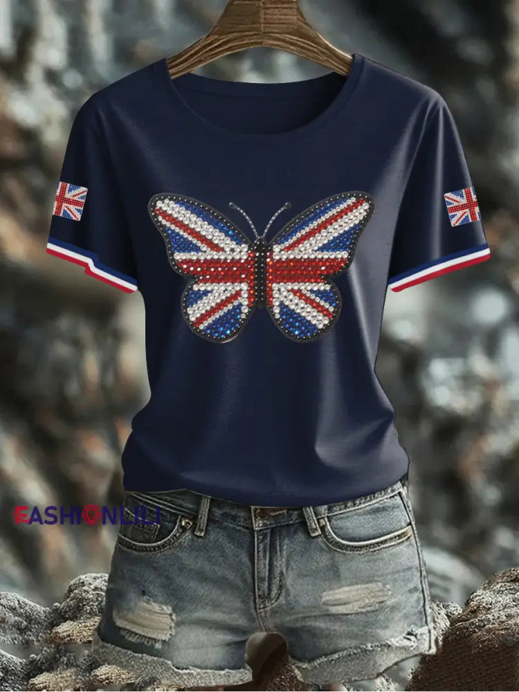 Women’s UK Flag Butterfly Printed T shirt Navy Blue / S