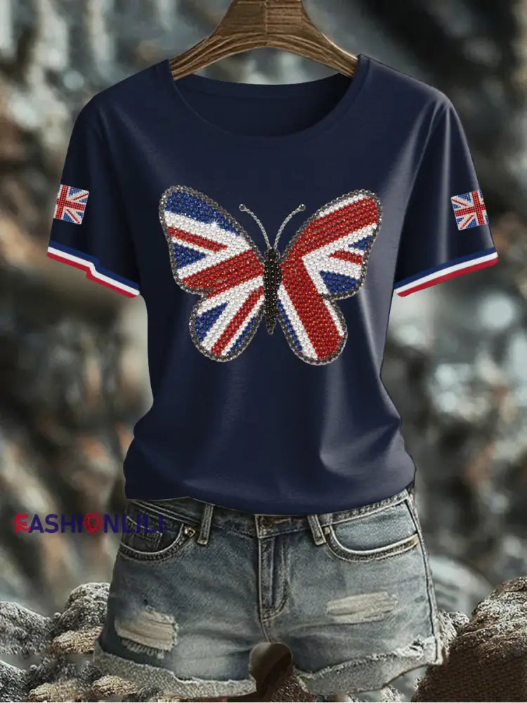 Women’s UK Flag Butterfly Printed T shirt Navy Blue / S