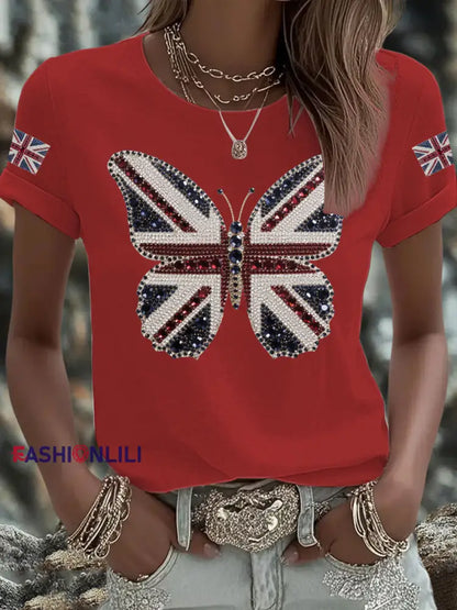 Women’s UK Flag Butterfly Printed T shirt Red / S