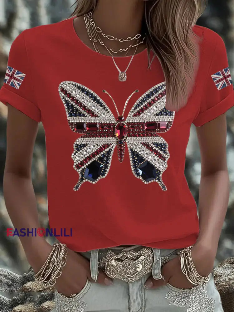 Women’s UK Flag Butterfly Printed T shirt Red / S