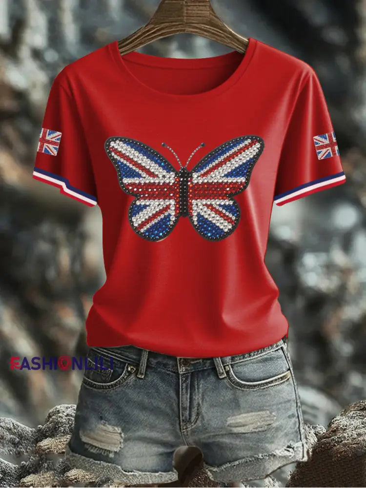 Women’s UK Flag Butterfly Printed T shirt Red / S