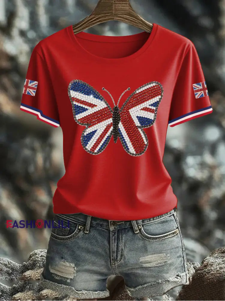 Women’s UK Flag Butterfly Printed T shirt Red / S