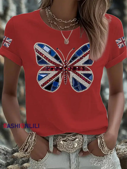 Women’s UK Flag Butterfly Printed T shirt Red / S
