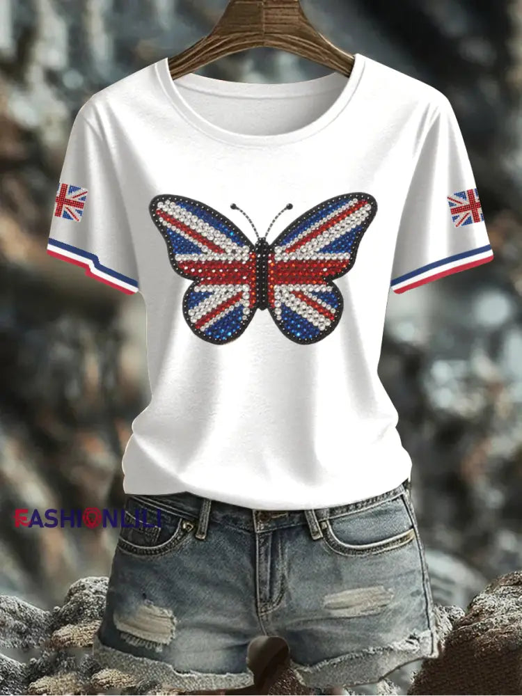 Women’s UK Flag Butterfly Printed T shirt White / S