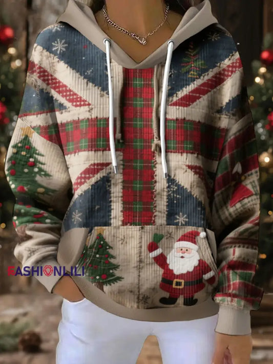 Women’s UK Flag Christmas Santa Printed Hoodie As picture / S