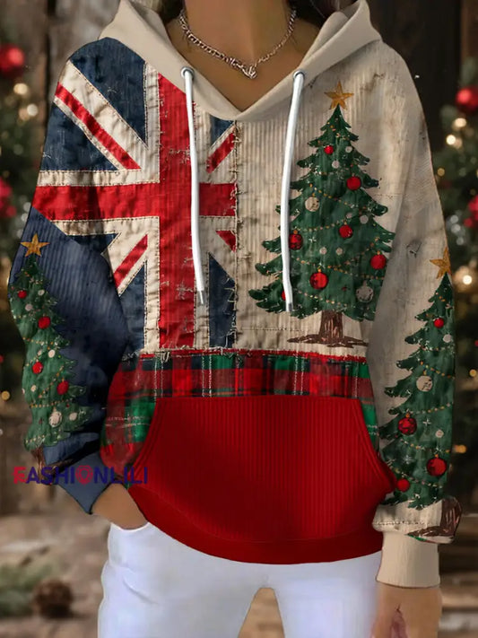 Women’s UK Flag Christmas Santa Printed Hoodie As picture / S