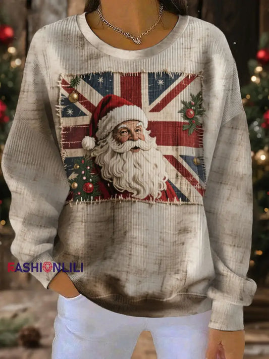 Women’s UK Flag Christmas Santa Printed Sweatshirt Apricot / S