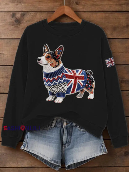 Women’s UK Flag Corgi Print Sweatshirt Black / S